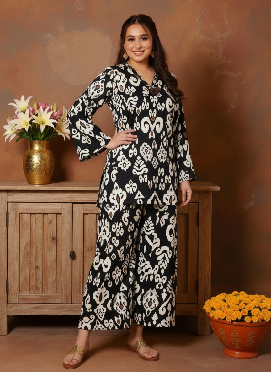 Soft Cotton Ikat Straight Black Kurta