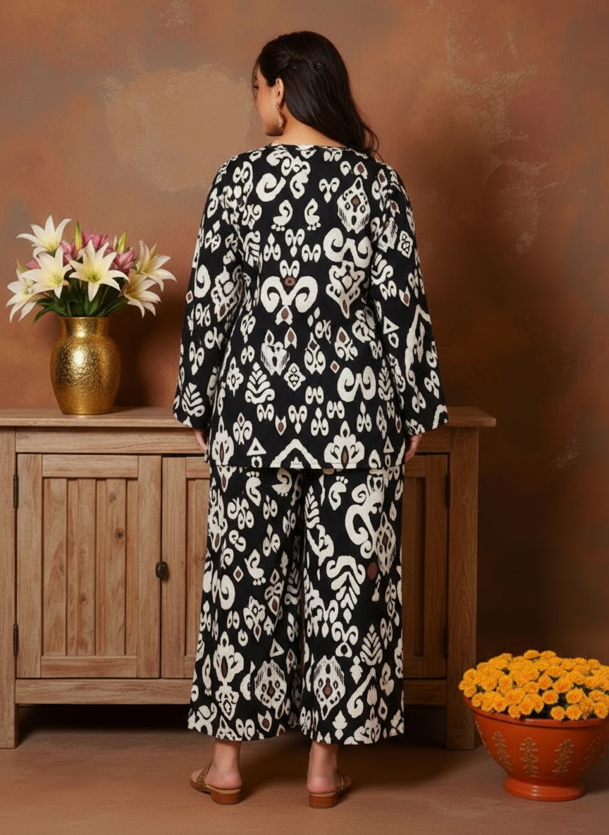 Soft Cotton Ikat Straight Black Kurta