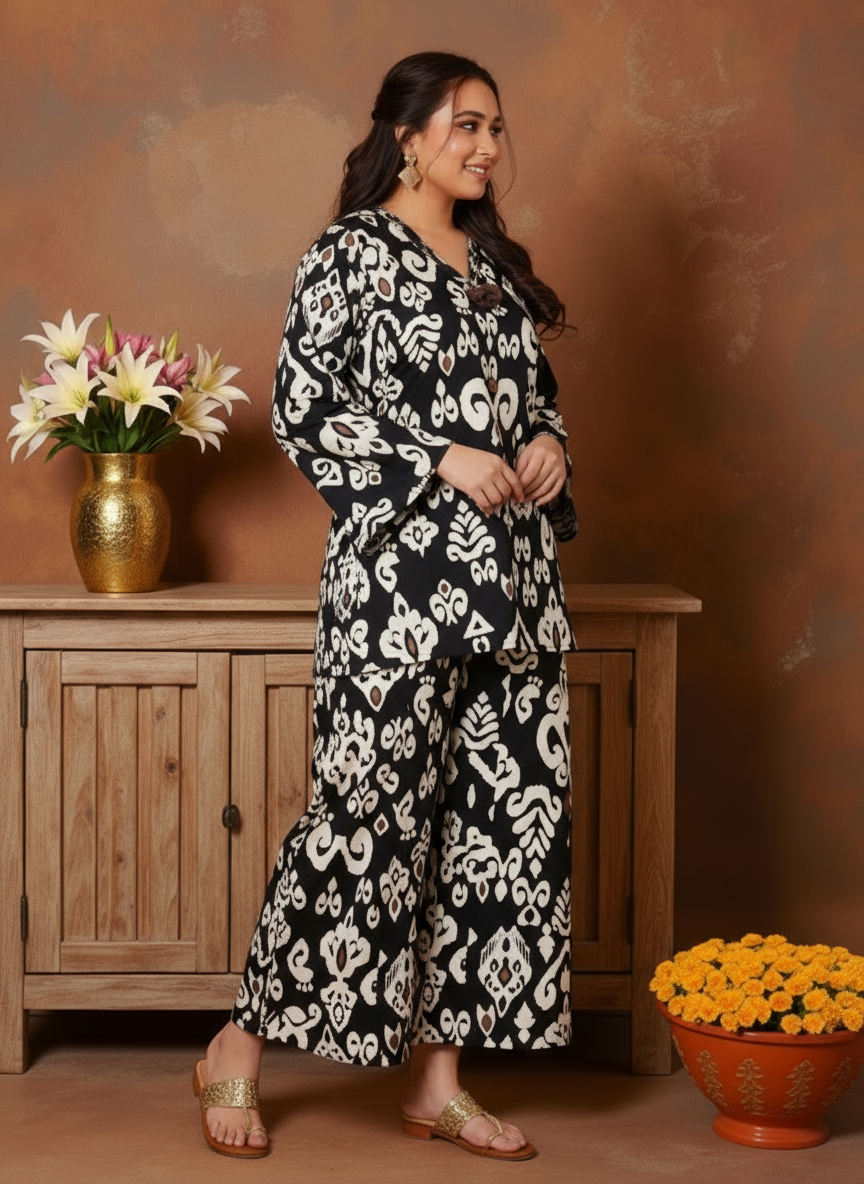 Soft Cotton Ikat Straight Black Kurta
