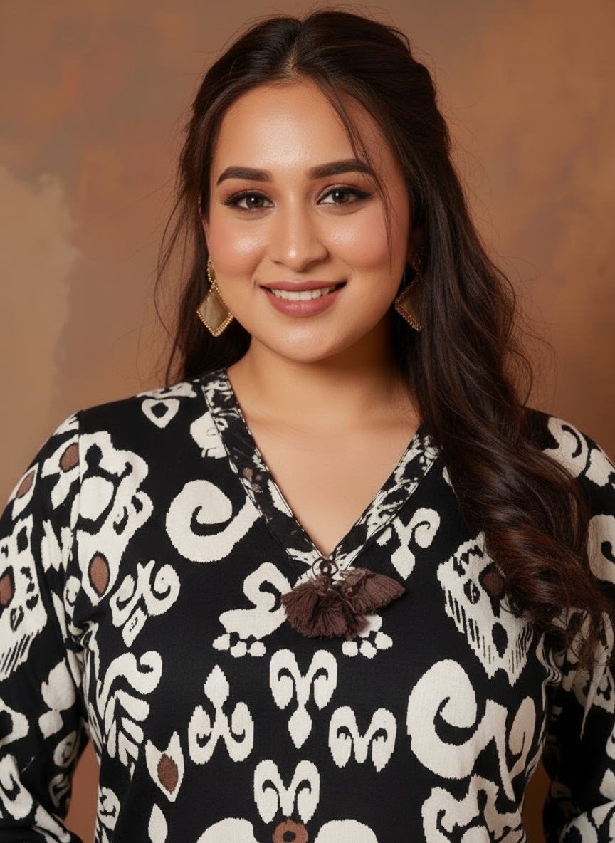 Soft Cotton Ikat Straight Black Kurta