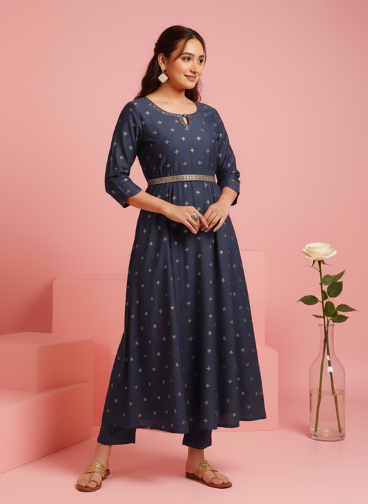 Embroidered Muslin Gold foil Anarkali Blue Dress