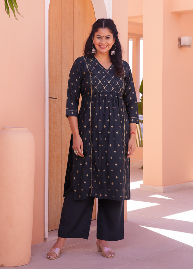 Embroidered Silk Blend Gold foil Flared Blue Kurta