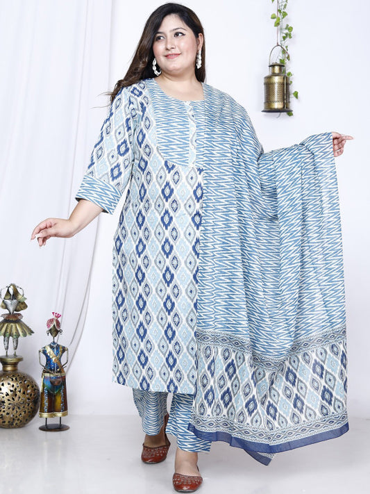 Floral Printed Sequinned Pure Cotton Kurta With Trousers & Dupatta