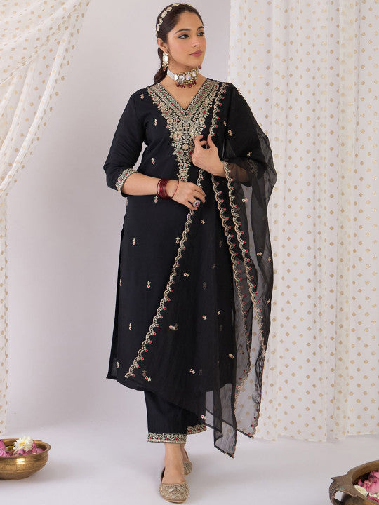 Indo Era Floral Embroidered V-Neck Zari Straight Kurta With Trouser And Dupatta