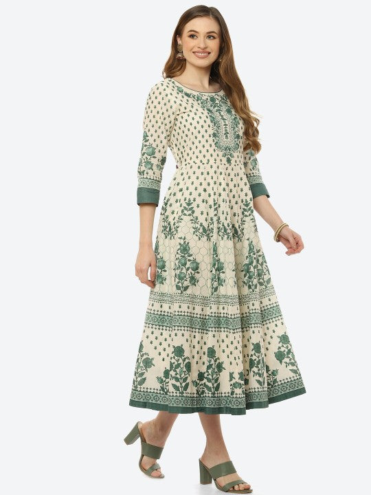 Biba Green Ethnic Motifs Ethnic Midi Dress