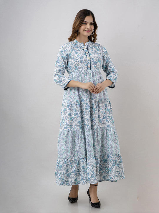 BAESD Floral Printed Mandarin Collar Gathered Tiered Fit & Flare Maxi Ethnic Dress