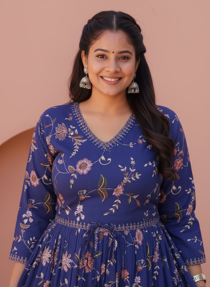 Viscose Floral Anarkali Blue Dress