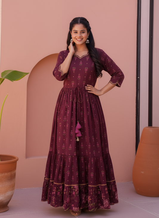 Viscose Butta Anarkali Wine Dress