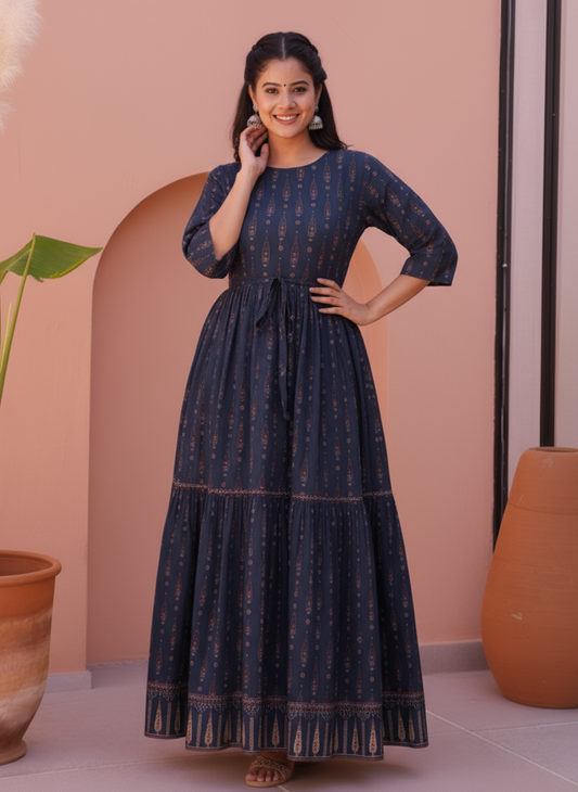 Viscose Floral Anarkali Navy Blue Dress