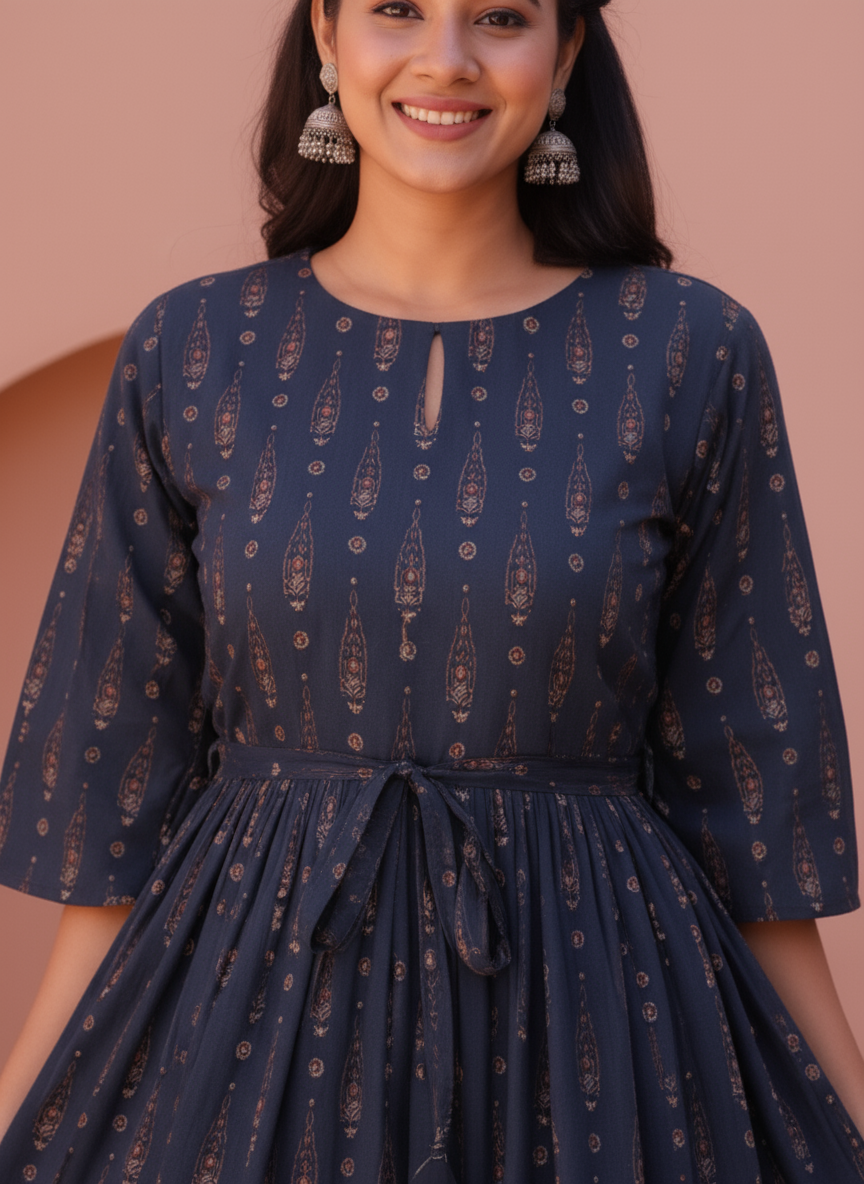 Viscose Floral Anarkali Navy Blue Dress