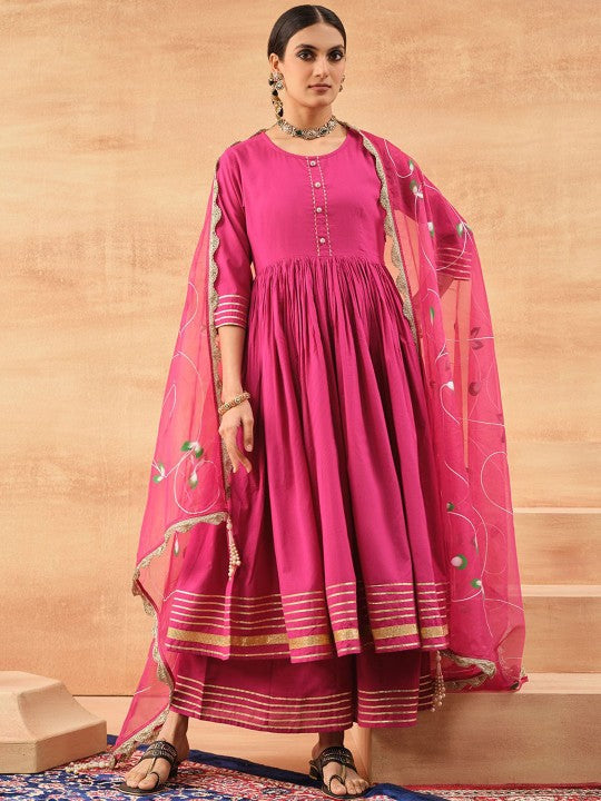 Ishin Floral Printed Gotta Patti High Slit Pure Cotton Kurta With Trousers & Dupatta