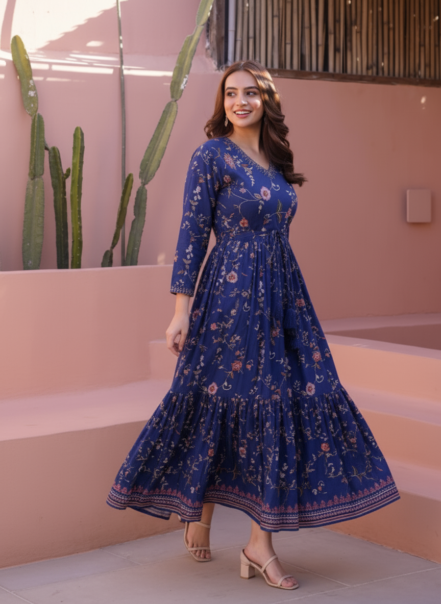 Soft Cotton Foliage Anarkali Black Dress