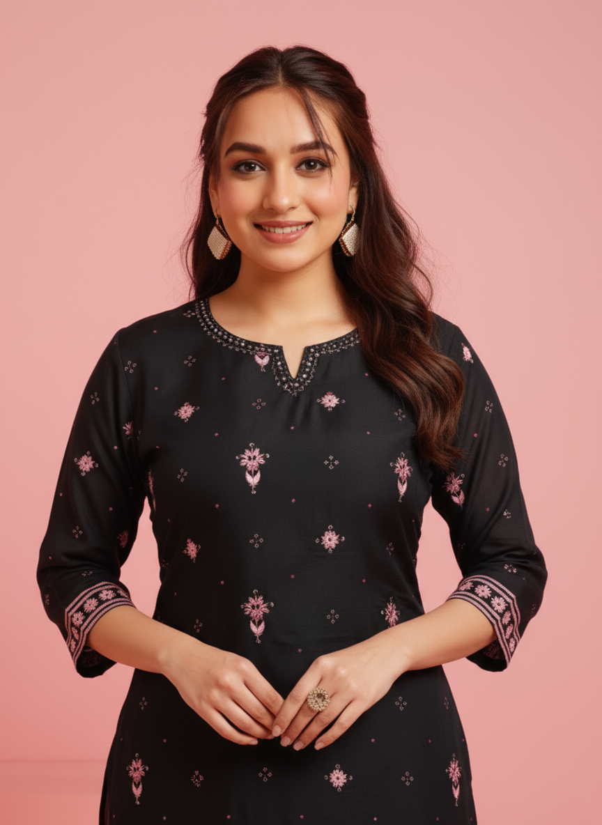 Embroidered Poly Chanderi Geometric Straight Black Kurta