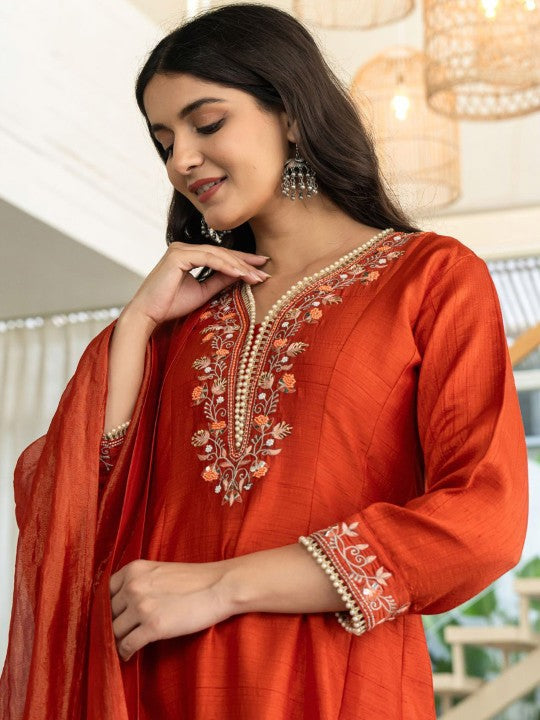 ANUSHEET Yoke Design Embroidered V-Neck Anarkali Pure Silk Kurta