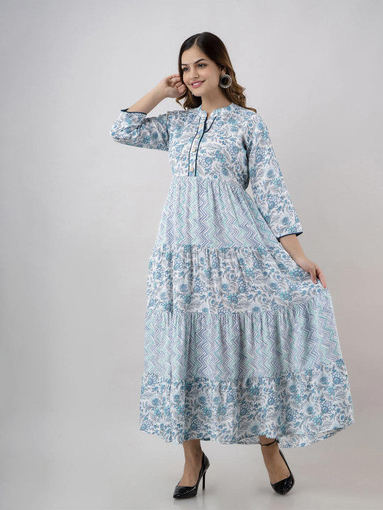 BAESD Floral Printed Mandarin Collar Gathered Tiered Fit & Flare Maxi Ethnic Dress