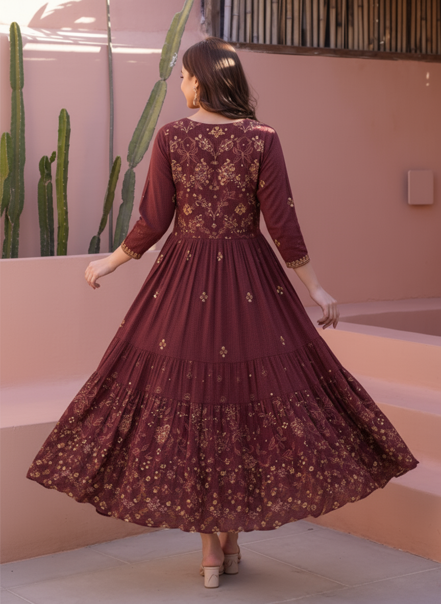 Viscose Floral Anarkali Wine Dress