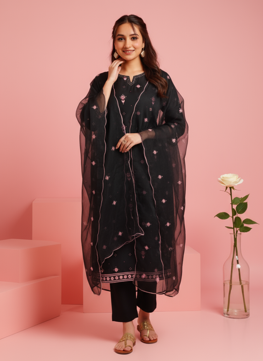 Embroidered Poly Chanderi Geometric Straight Black Kurta