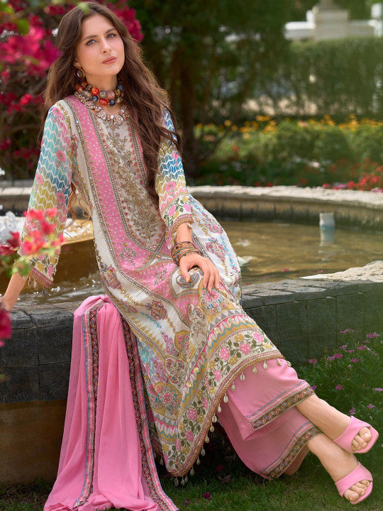 Indo Era Women Floral Printed Regular Mirror Work Liva Kurta with Palazzos & With Dupatta