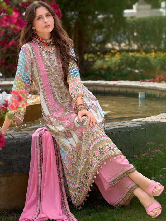 Indo Era Women Floral Printed Regular Mirror Work Liva Kurta with Palazzos & With Dupatta