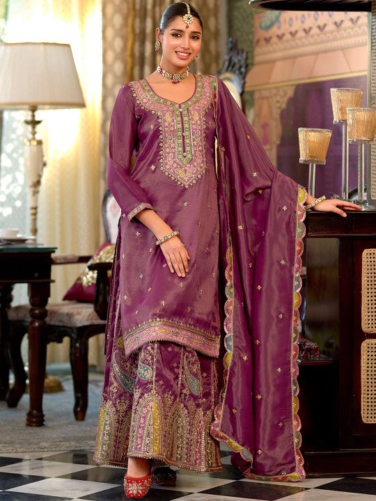 Indo Era Floral Embroidered Sequinned Straight Kurta With Palazzos & Dupatta