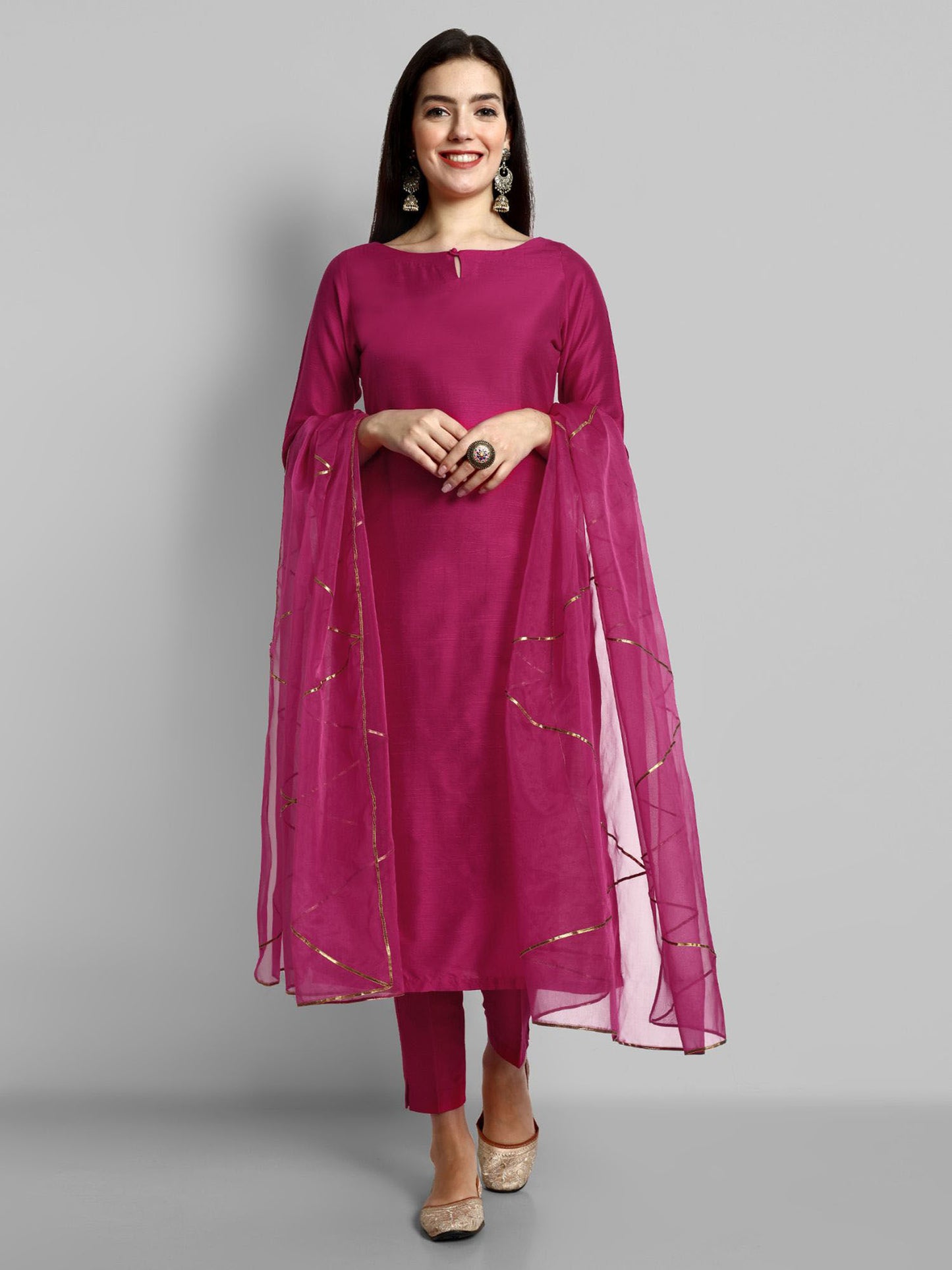Neck Style Kurta with Elasticated Pant and Organza Dupatta (Set of 3)