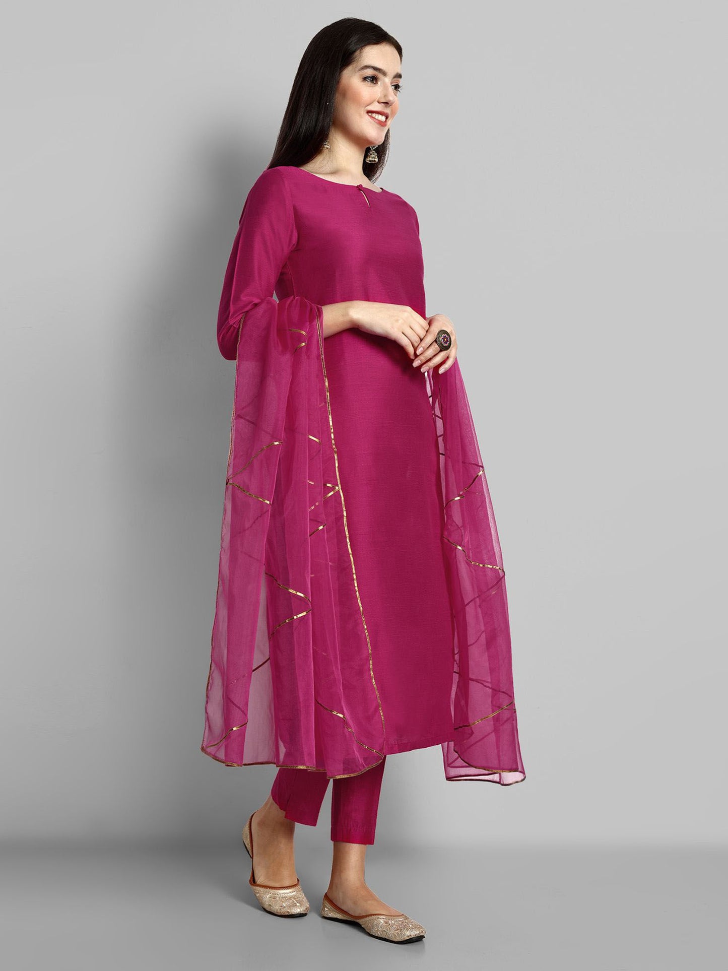Neck Style Kurta with Elasticated Pant and Organza Dupatta (Set of 3)