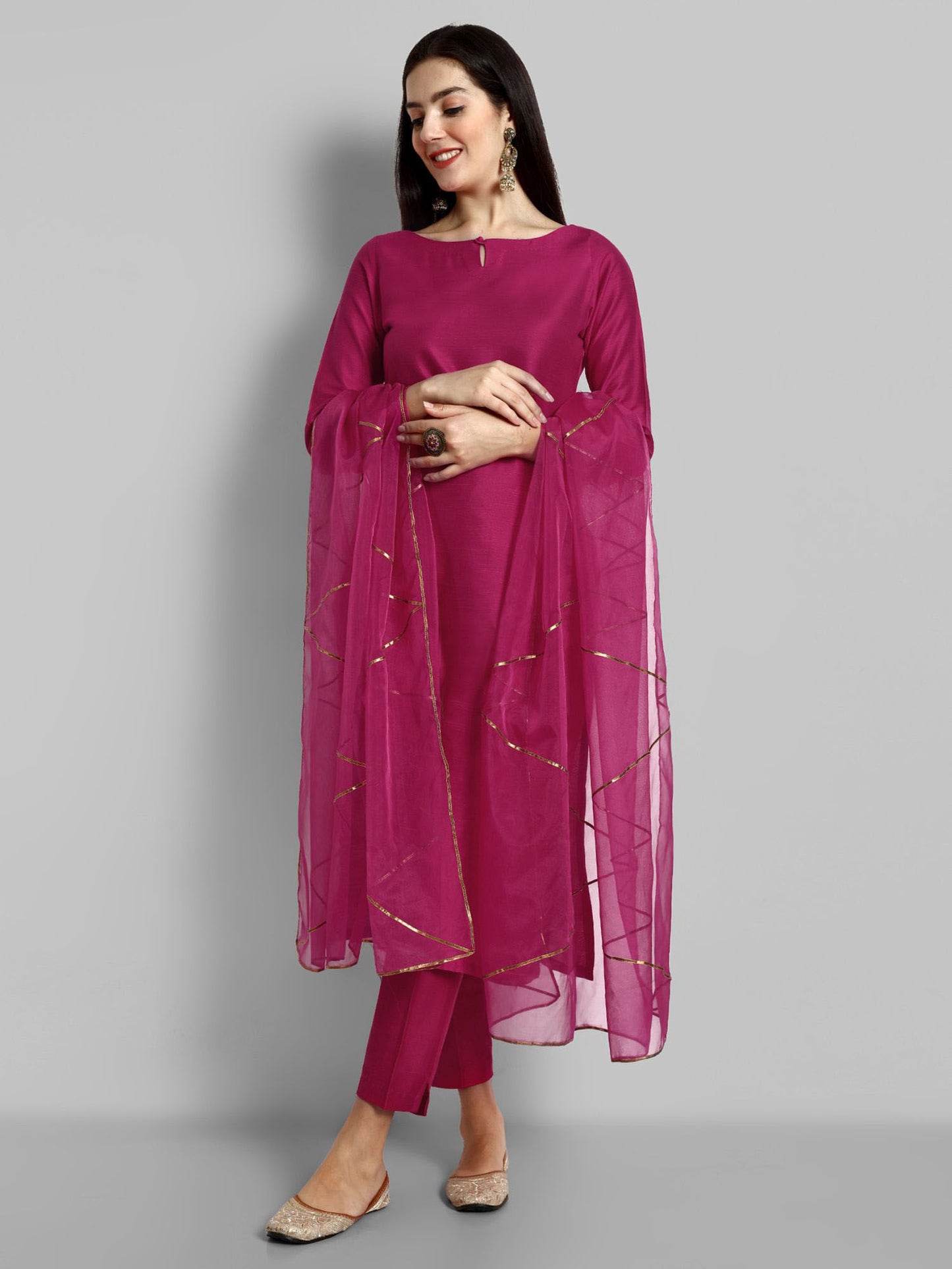 Neck Style Kurta with Elasticated Pant and Organza Dupatta (Set of 3)