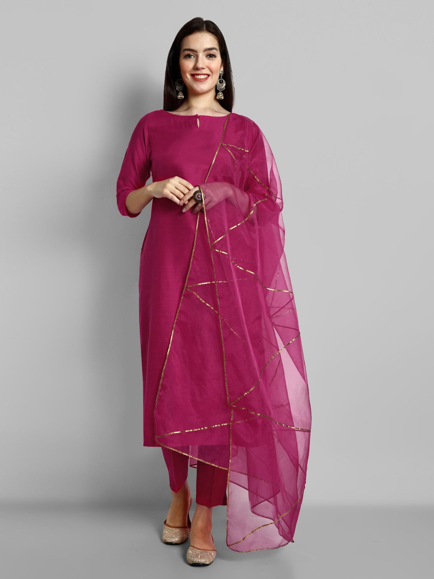 Neck Style Kurta with Elasticated Pant and Organza Dupatta (Set of 3)