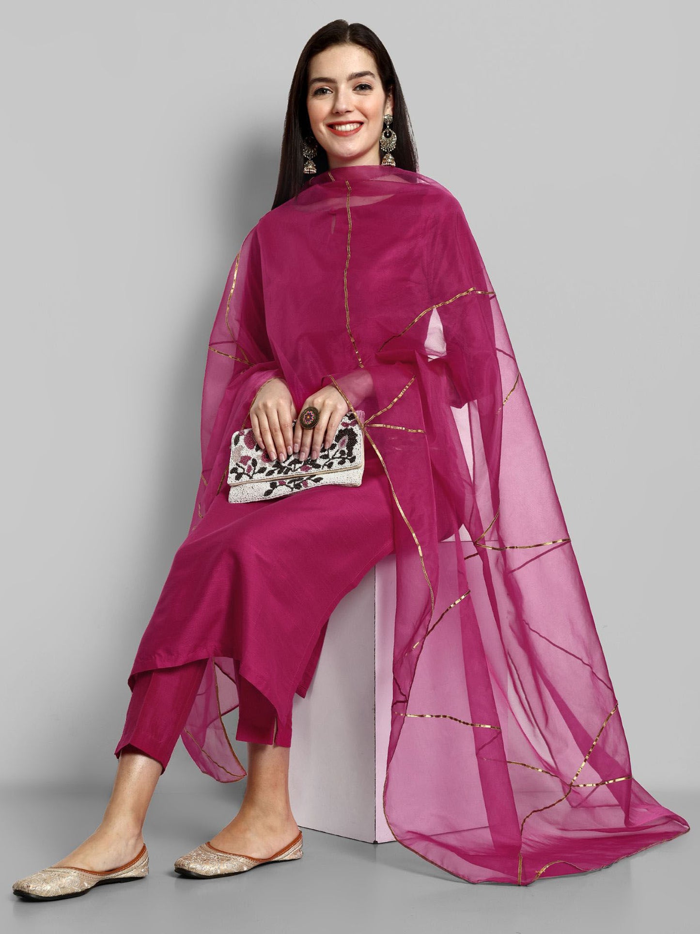 Neck Style Kurta with Elasticated Pant and Organza Dupatta (Set of 3)