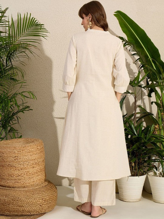 Indo Era Embroidered Mandarin Collar A-Line Pure Cotton Kurta With Pants