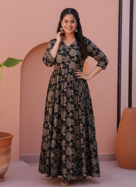 Embroidered Soft Cotton Floral Angrakha Black Dress