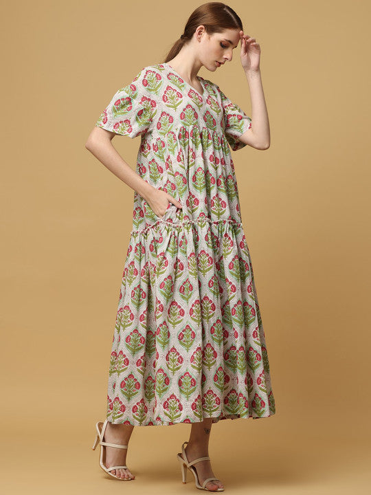 BLACK & BLAH BLAH Handblock Printed Relaxed Fit Cotton Flared Maxi Ethnic Dress