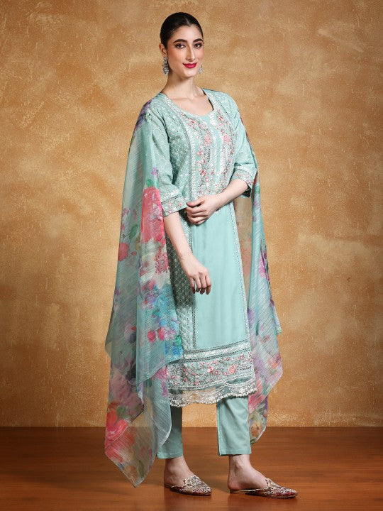 Varanga Floral Embroidered Thread Work Pure Cotton Straight Kurta With Trousers & Dupa