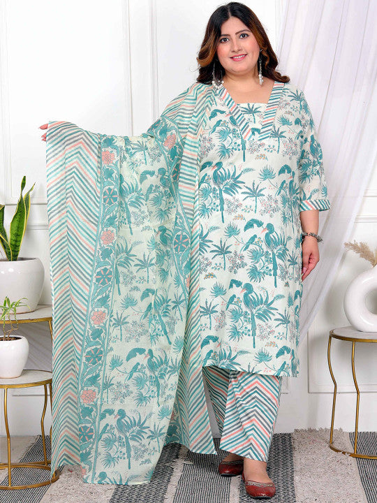 Floral Printed Pure Cotton Straight Kurta With Palazzo And Dupatta