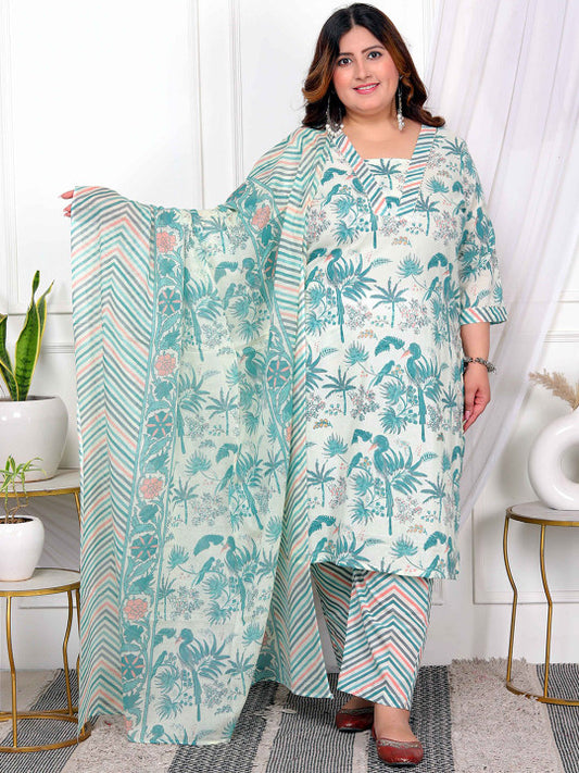 Floral Printed Pure Cotton Straight Kurta With Palazzo And Dupatta