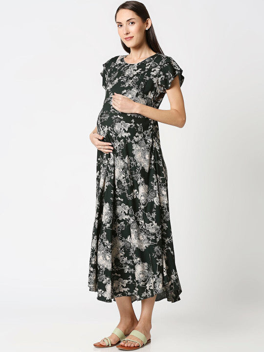 AV2 Olive Green Floral Printed Maternity Midi Dress