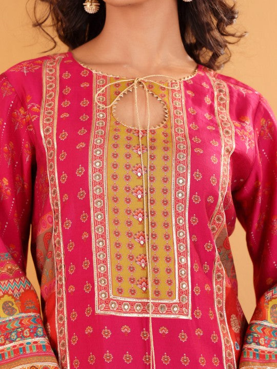 Varanga Ethnic Motifs Printed Sequinned Chanderi Silk Kurta with Trousers And Dupatta