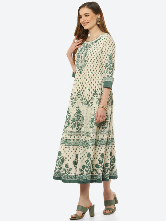 Biba Green Ethnic Motifs Ethnic Midi Dress