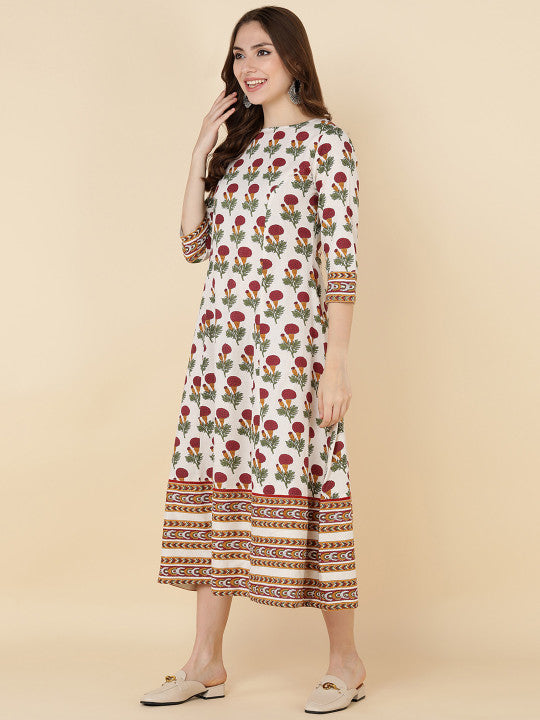 HERE&NOW Women White & Red Ethnic Motifs Ethnic A-Line Midi Ethnic Dress