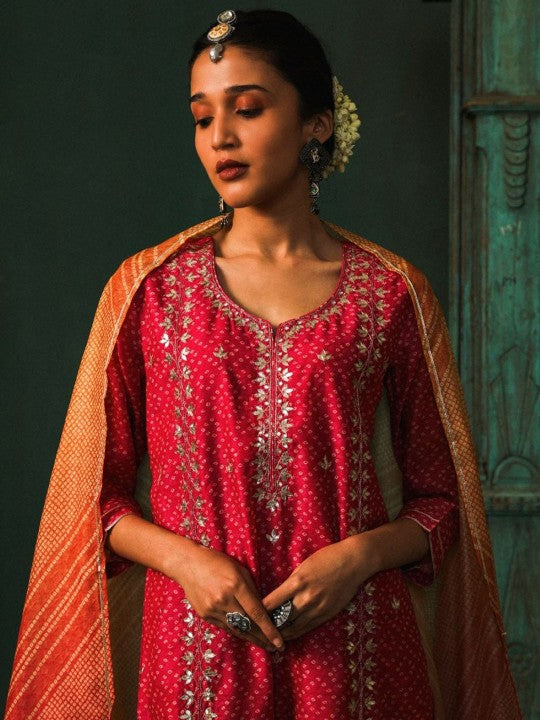 Heritage Bandhani Printed Notch Neck Gotta Patti Pure Cotton Kurta & Trouser With Dupatta