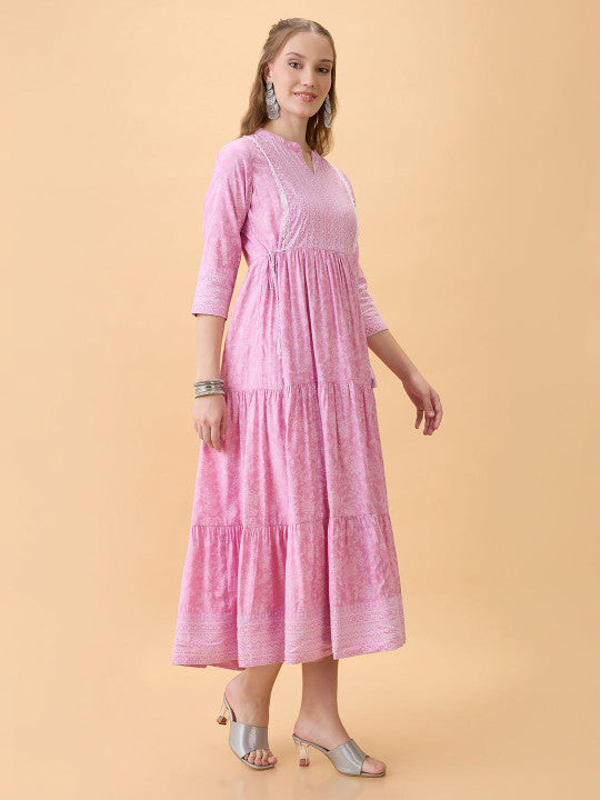 Globus Floral Printed Mandarin Collar Fit & Flare Lace Detail Tiered Cotton Maxi Dress