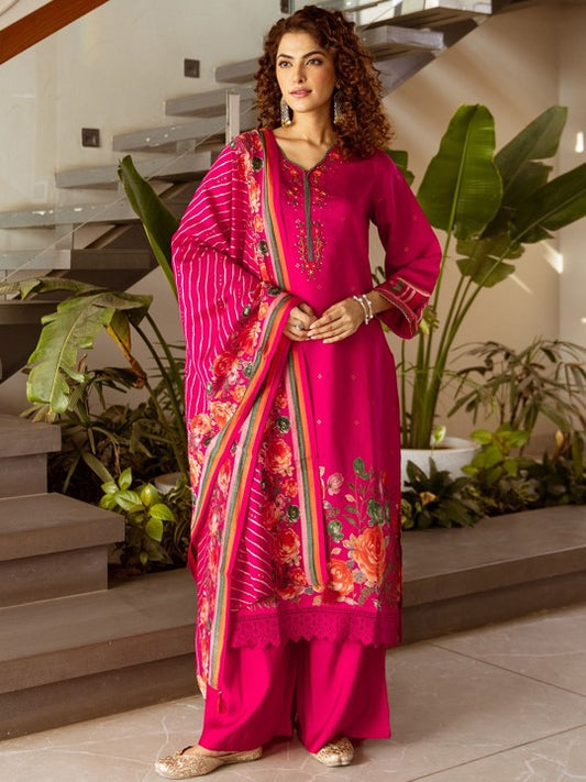 AUTUMN LANE Kabool Rani Floral Printed Pure Cotton Kurta With Trousers & Dupatta