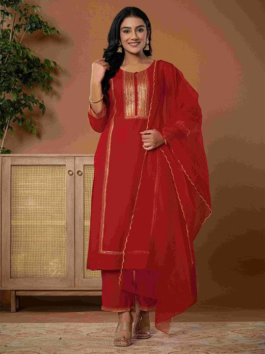 Do Dhaage Floral Yoke Design Sequinned Keyhole Neck Straight Kurta With Trouser & Dupatta