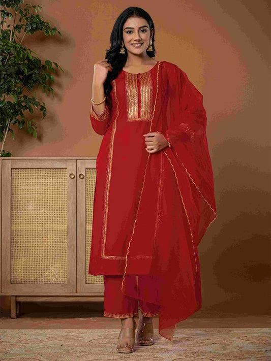 Do Dhaage Floral Yoke Design Sequinned Keyhole Neck Straight Kurta With Trouser & Dupatta