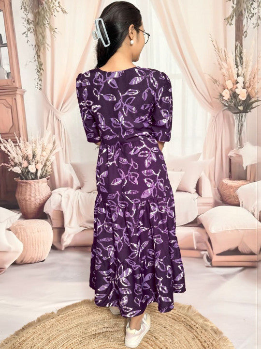 VenderVilla Floral Print Puff Sleeve Tiered Cotton Fit & Flare Midi Dress