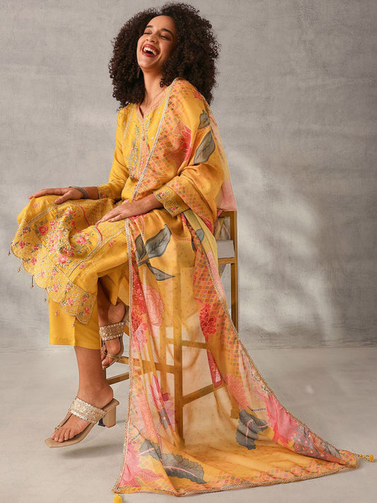 Ishin Mustard Floral Embroidered Sequinned Roman Silk Kurta With Trousers & Dupatta