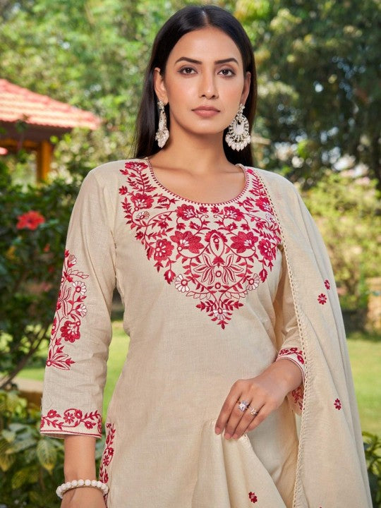 AUTUMN LANE Wespa Misri Embroidered Thread Work Pure Cotton Kurta & Trouser & Dupatta