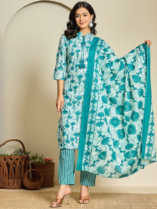 FLAMBOYANT Floral Printed Tie-Up Neck Pure Cotton Kurta With Trousers & Dupatta