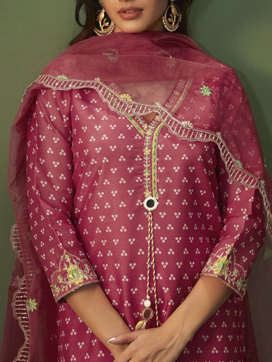 AUTUMN LANE Bandhani Printed Cotton Silk Straight Kurta With Trousers & Dupatta
