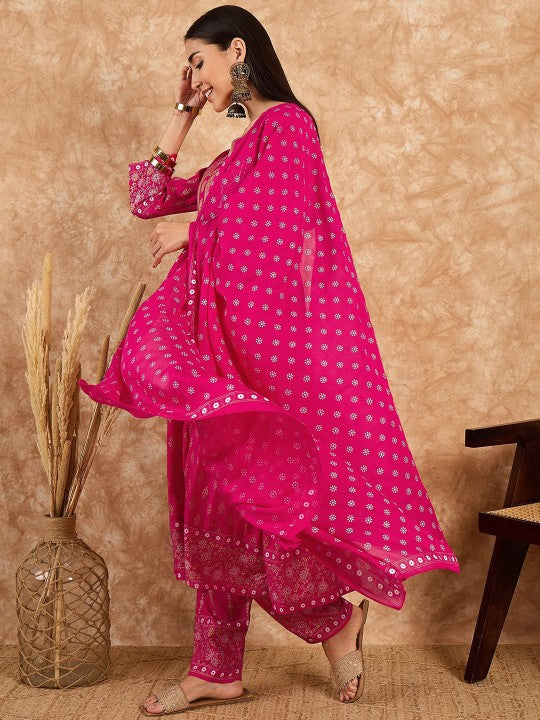 DIVASTRI Women Floral Embroidered Regular Sequinned Kurta with Trousers & With Dupatta